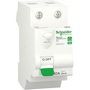 Resource réemploi Disjoncteurs et Différentiels divers, SCHNEIDER - Inter différentiel RESI9 XE 2P - 63A - 30ma - Type A - R9ERA263
